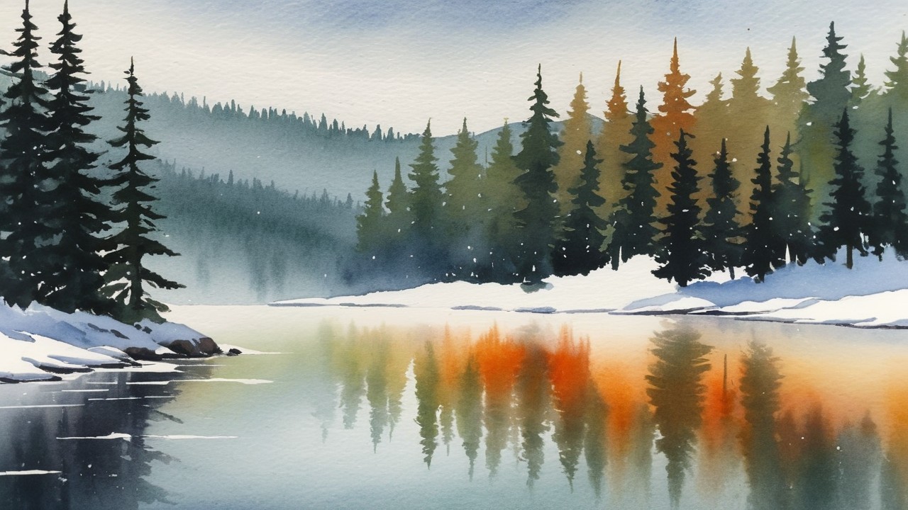 Serene Winter Landscape with Reflective River and Snow