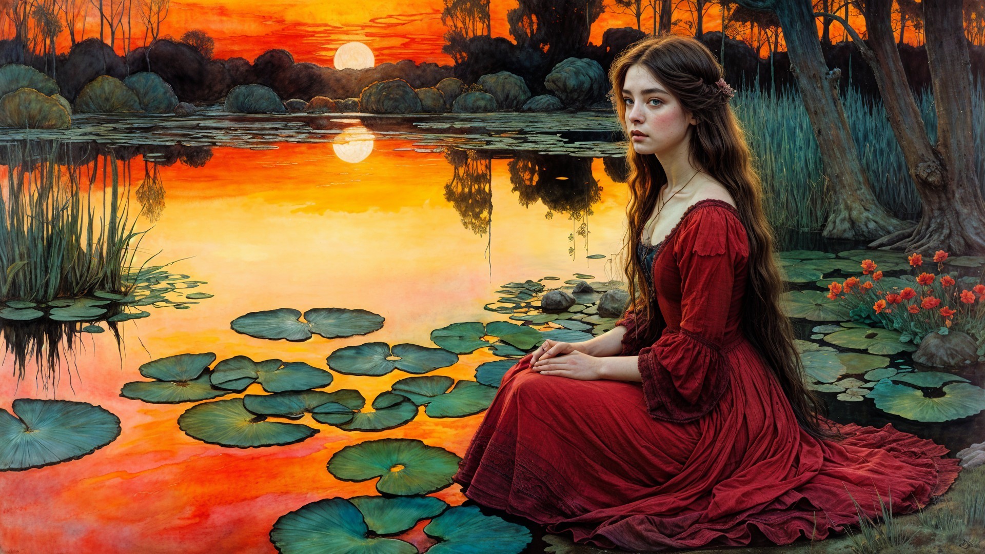 Young Woman in Red Dress by Tranquil Sunset Pond