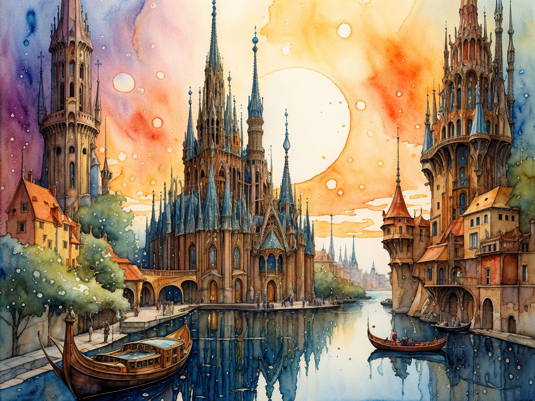 Watercolor Fantasy Cityscape at Sunset with River