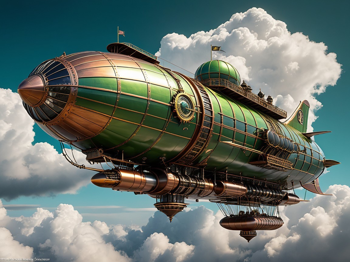 Steampunk airship design with copper and green accents