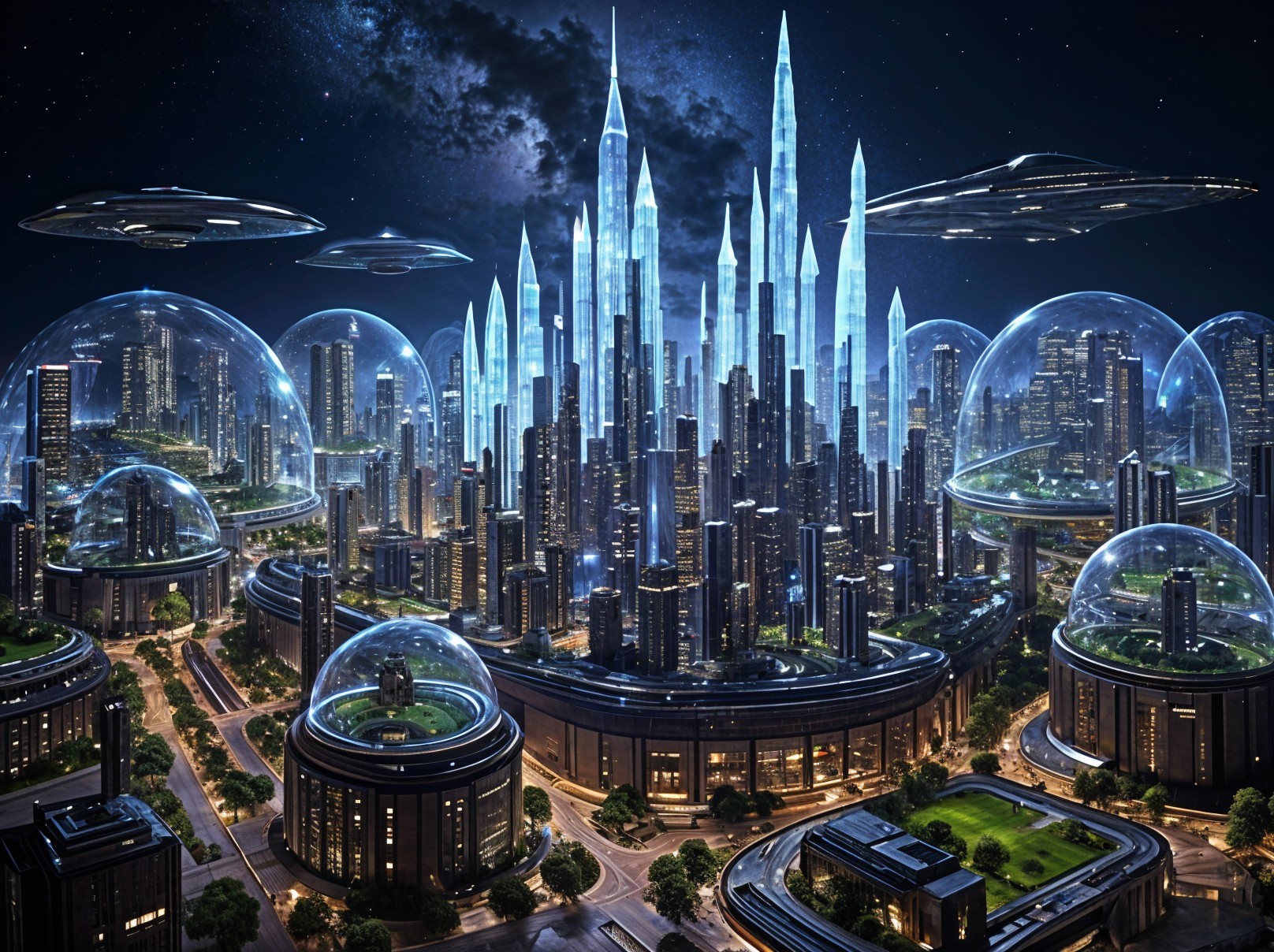 Futuristic Night Cityscape with Crystal Skyscrapers