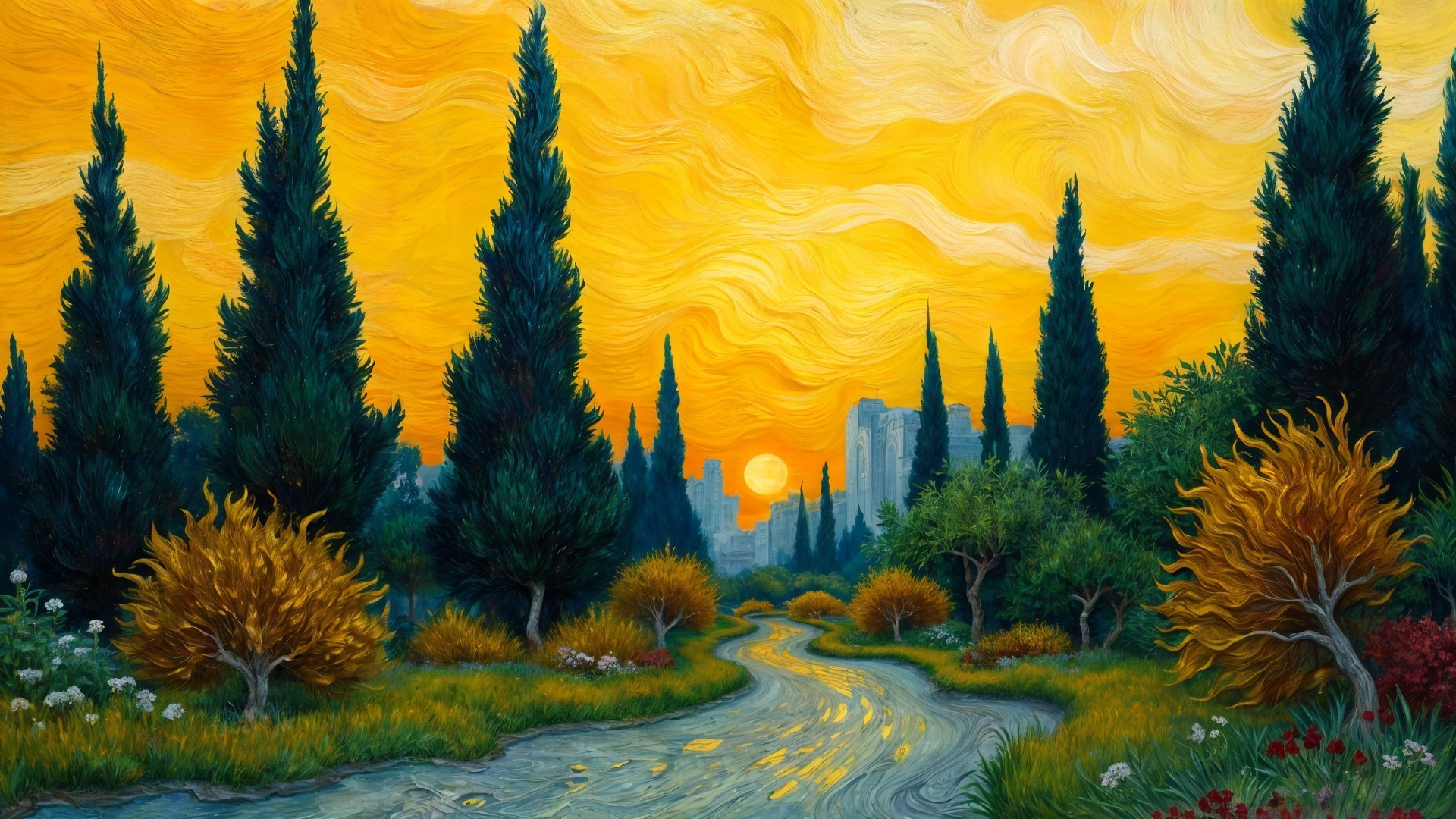 Vibrant Sunset Over a Winding River and Lush Greenery