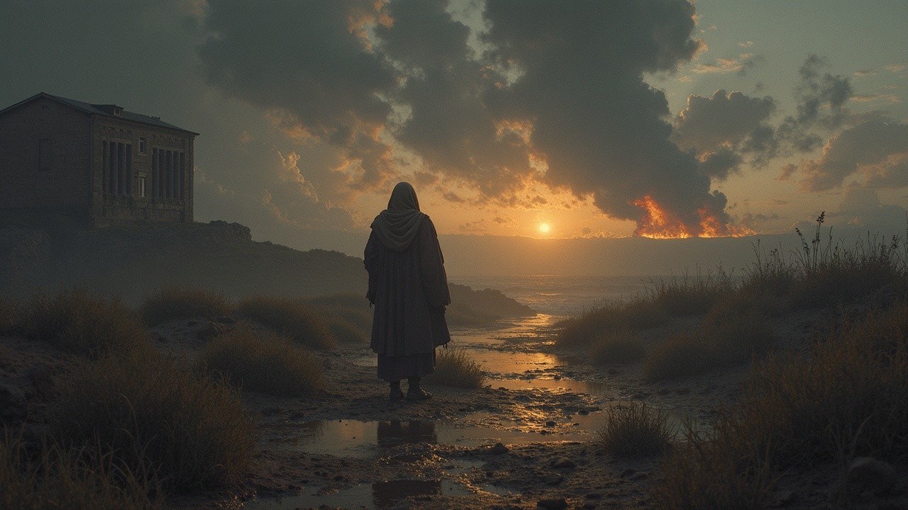Solitary Figure at Misty Shoreline During Sunset