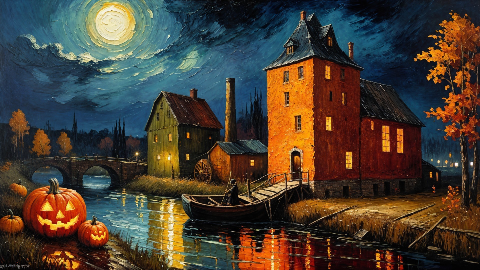 Autumn Landscape with Rustic Buildings and Moonlight