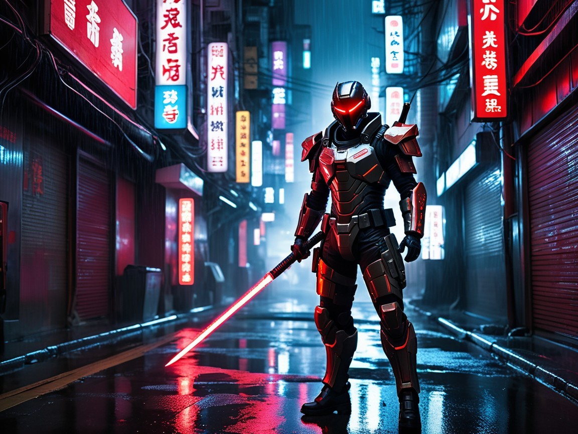 Futuristic Warrior in Neon-Lit Cyberpunk Alley