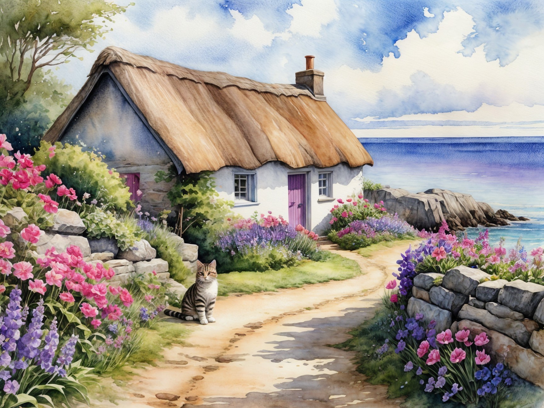 Charming Thatched Cottage by the Sea with Flowers