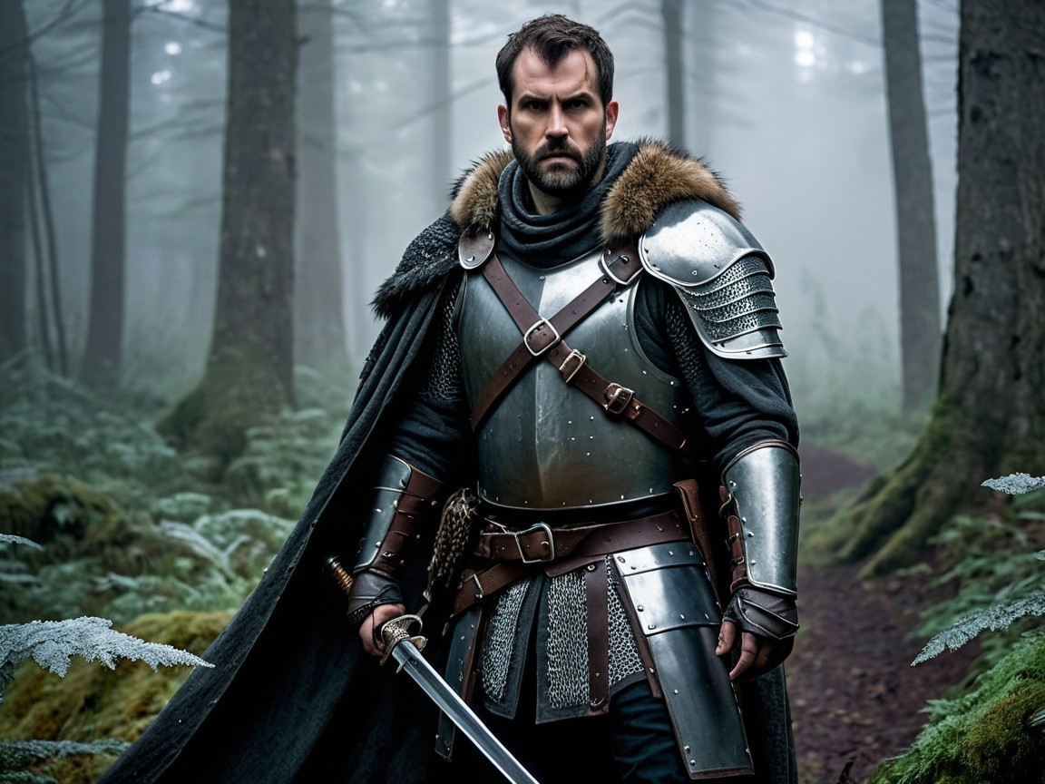 Medieval Armored Man in Misty Forest Setting