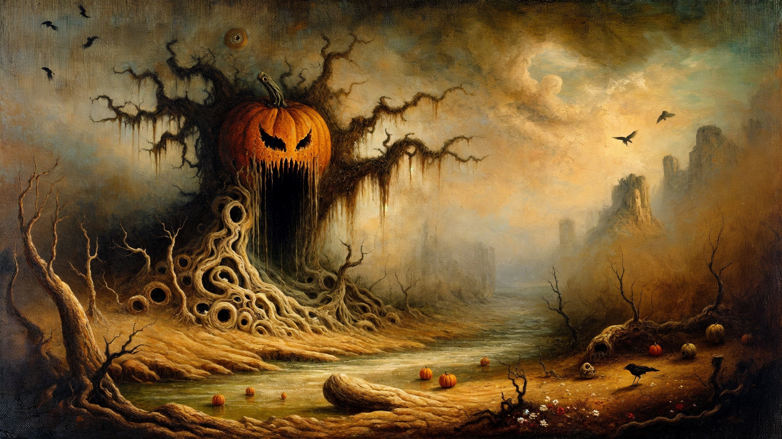 Haunting Landscape with Gnarled Tree and Pumpkins