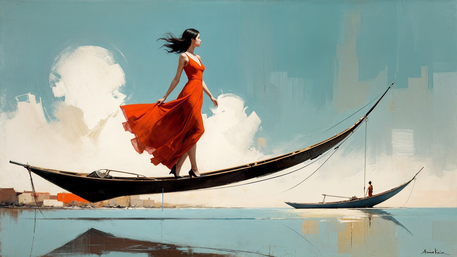 Woman in Red Dress on Boat in Serene Landscape