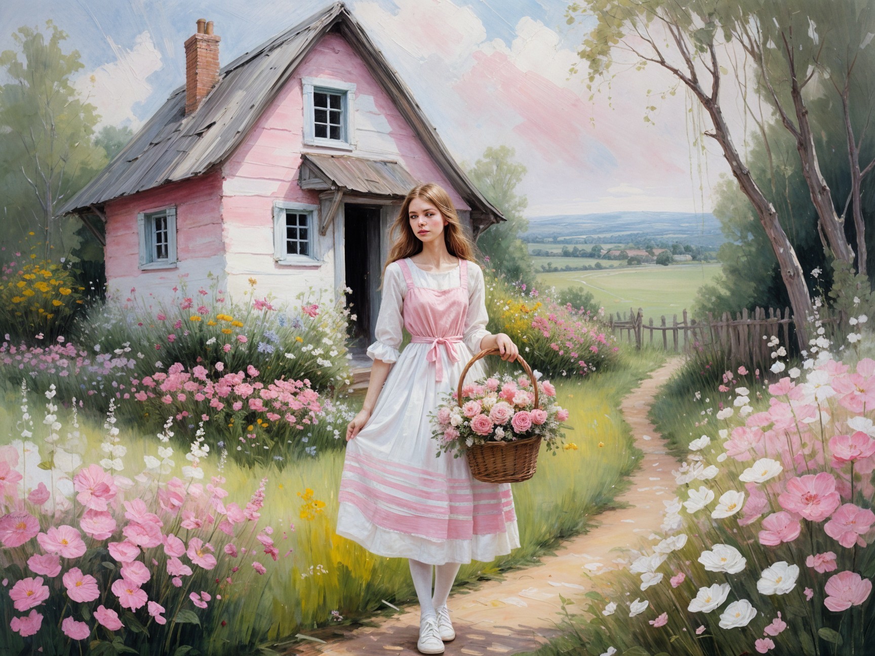 Young Woman in Pastel Dress on Flower Pathway