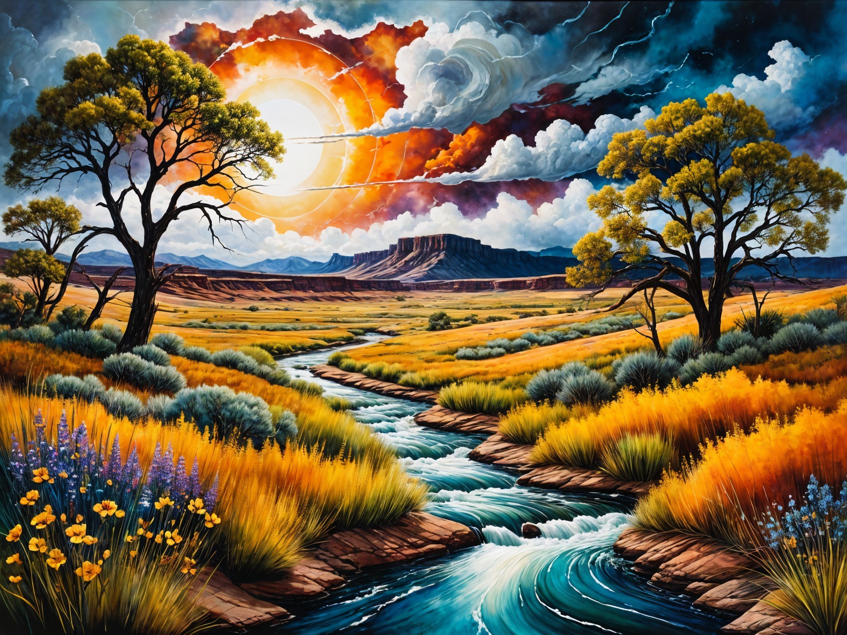 Vibrant Landscape with River, Wildflowers, and Sunset