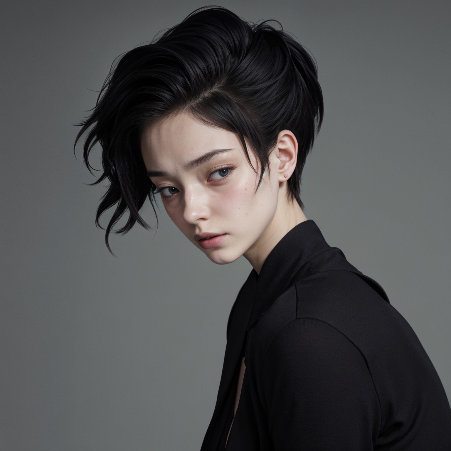 Portrait of a Young Person with Elegant Black Hair