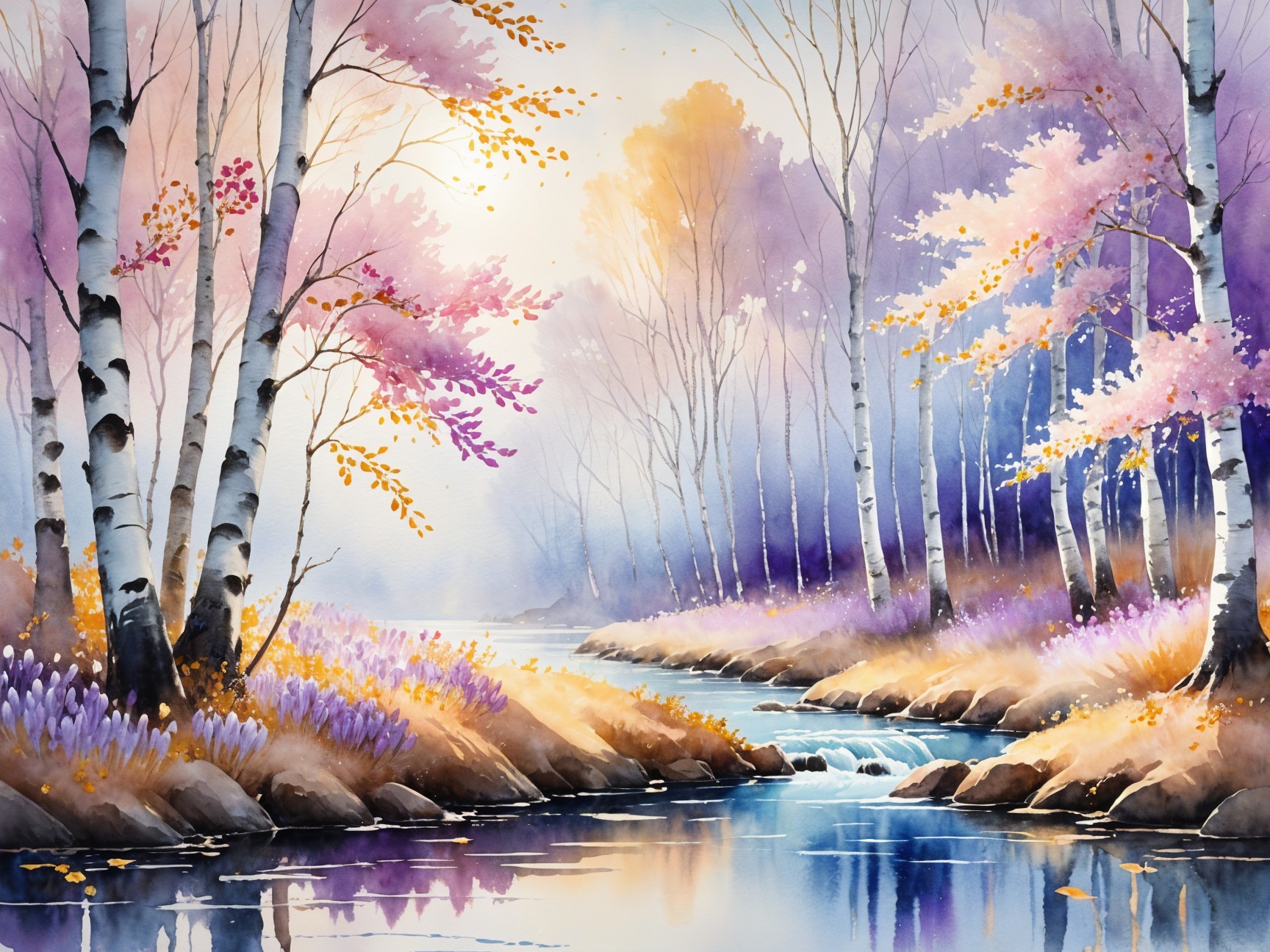 Tranquil River in Birch Grove with Autumn Foliage