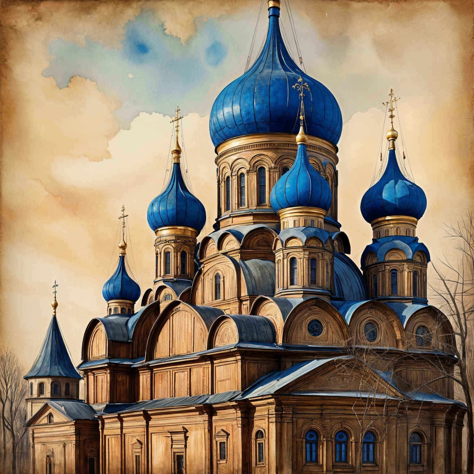 Ornate church with blue domes and wooden architecture
