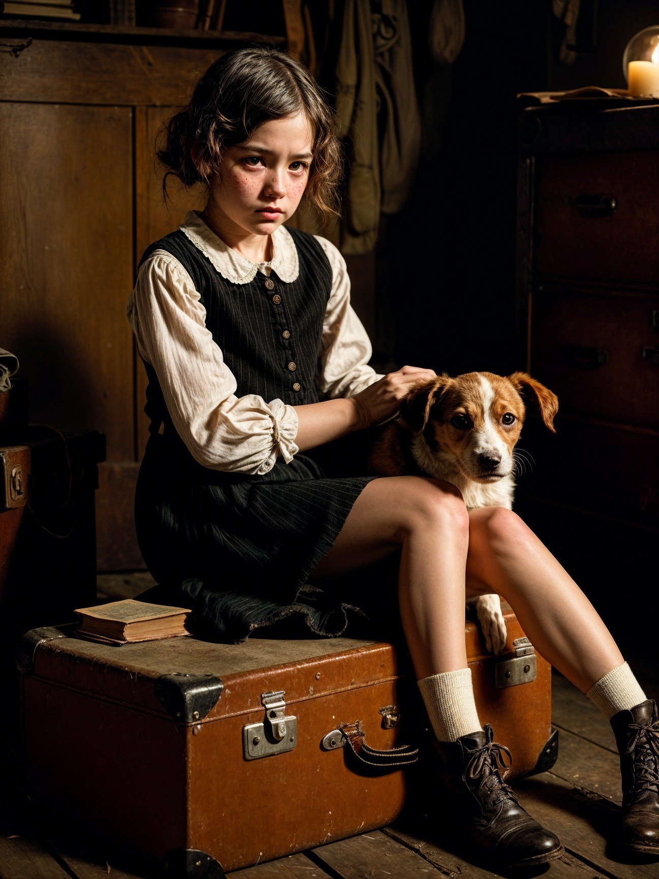 Young girl on vintage suitcase with small dog