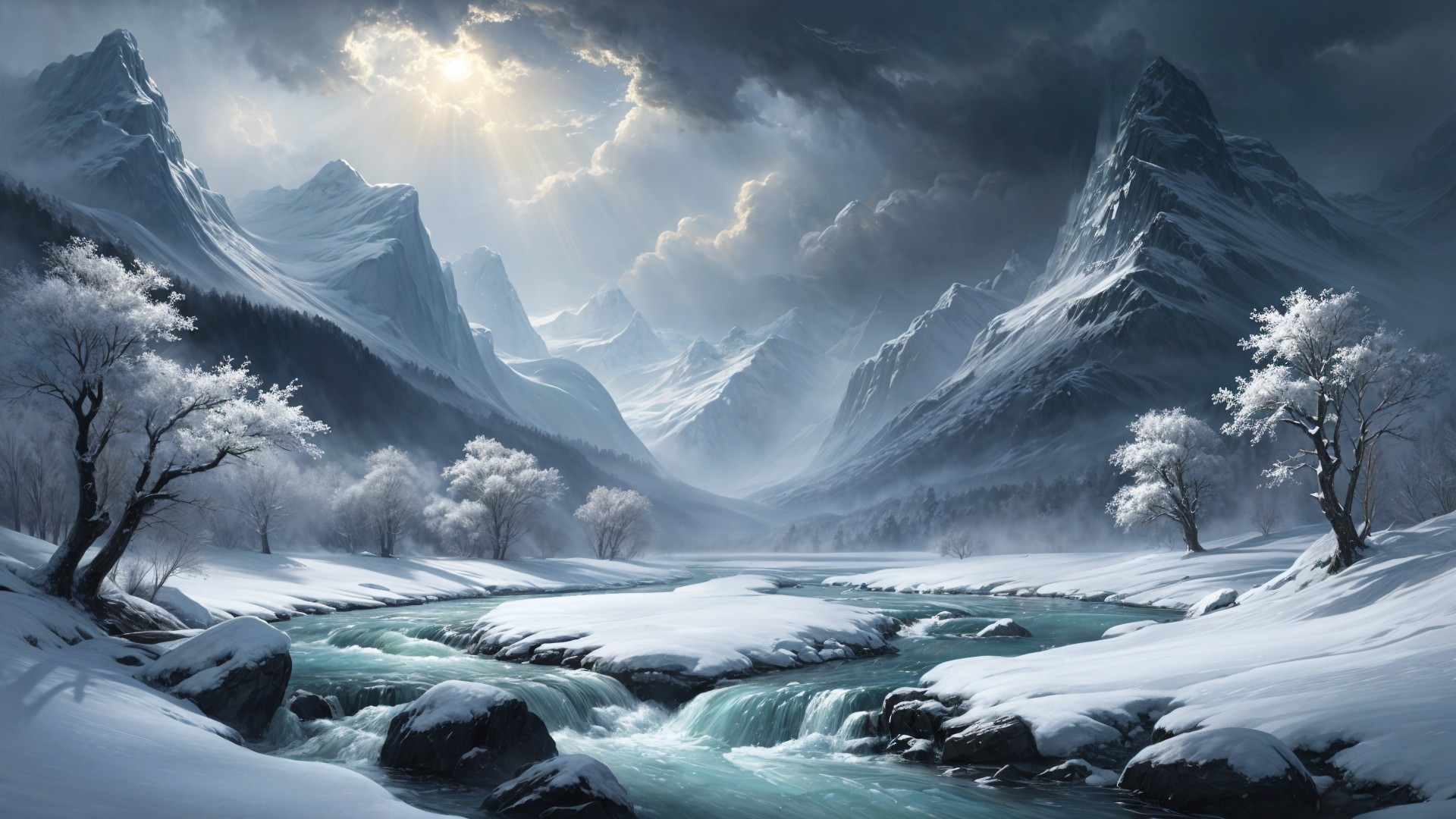 Winter Landscape with Snowy Mountains and River