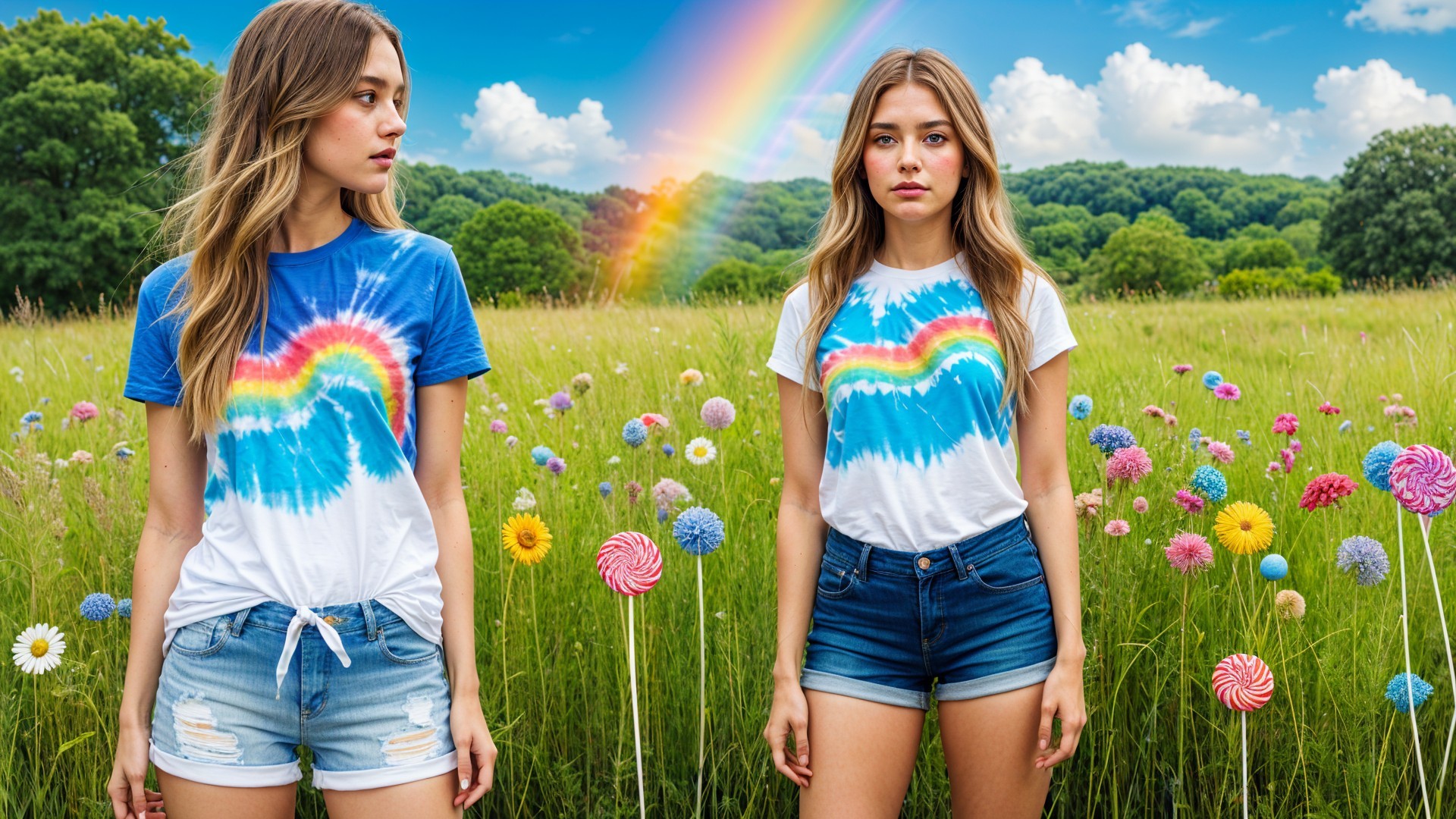 Vibrant Meadow Scene with Colorful Flowers and Rainbows