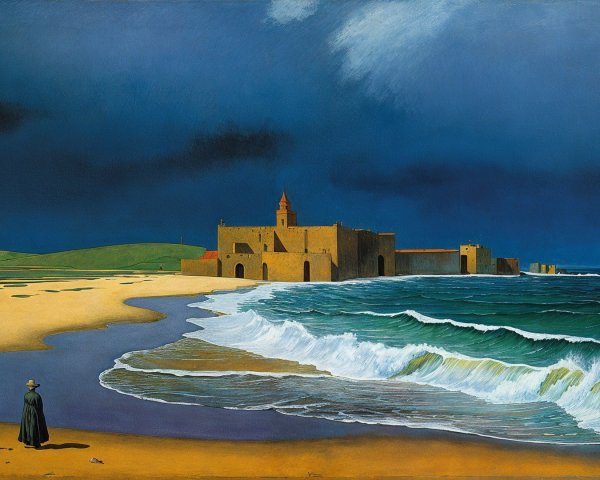 Coastal Scene with Beach, Waves, and Fortress Structure