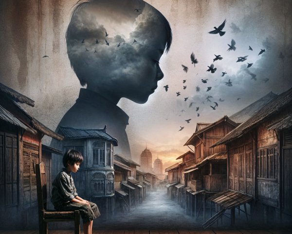 Young boy in surreal landscape with rustic buildings