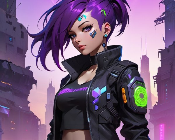 Futuristic Character in Neon Cityscape with Tattoos
