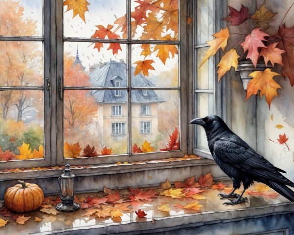Raven on Windowsill Surrounded by Autumn Decor