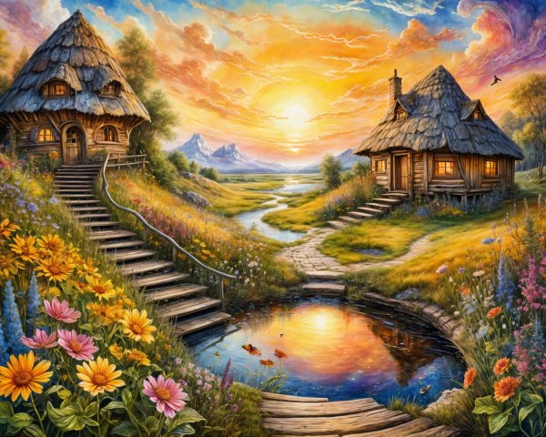 Serene Countryside Scene with Cottages and Sunset