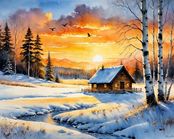 Serene Winter Landscape with Log Cabin and Stream