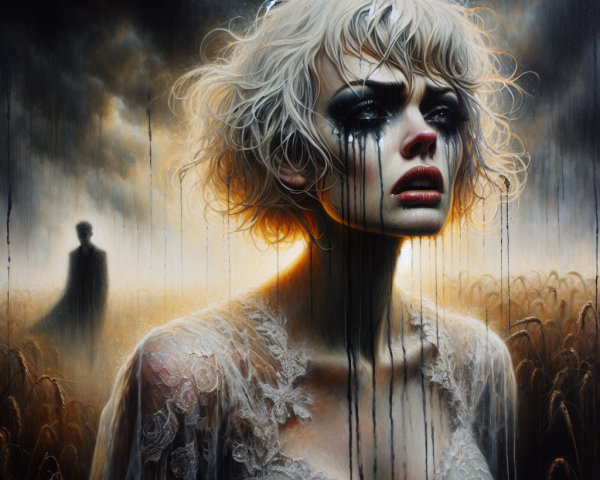 Sorrowful Woman in Lace Dress with Ghostly Figure