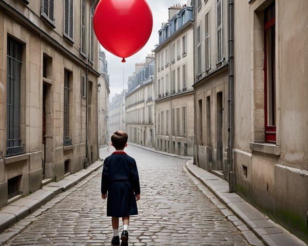 Young Boy with Red Balloon on Cobblestone Street