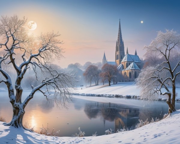 Serene Winter Landscape with Church and Tranquil Lake