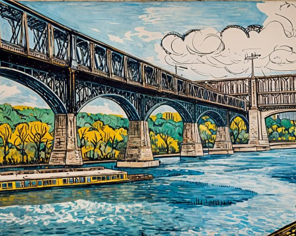 Vibrant Illustration of a Bridge Over an Autumn River