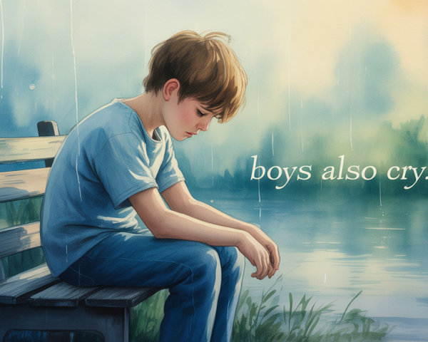 Young Boy on Park Bench in Rainy Contemplation