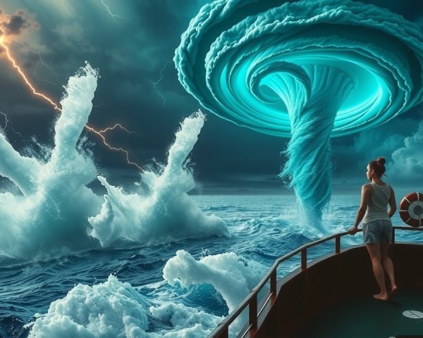 Lone Figure on Boat Facing Massive Whirlpool and Storm