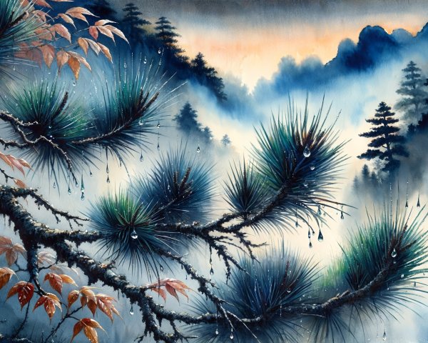 Misty Watercolor Landscape with Pine and Mountains
