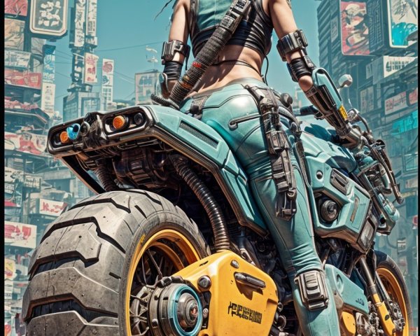 Futuristic Woman on Motorcycle in Neon Cityscape