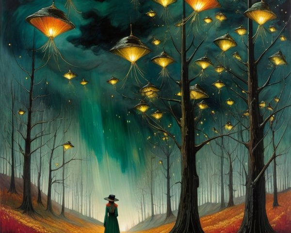 Twilight Scene in a Magical Forest with Lanterns