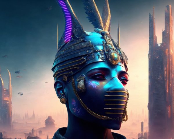 Futuristic figure with ornate helmet and blue skin