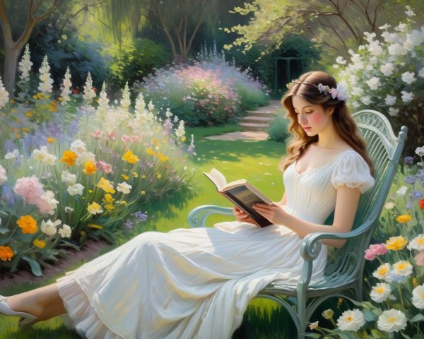 Young Woman Reading in a Serene Garden Setting