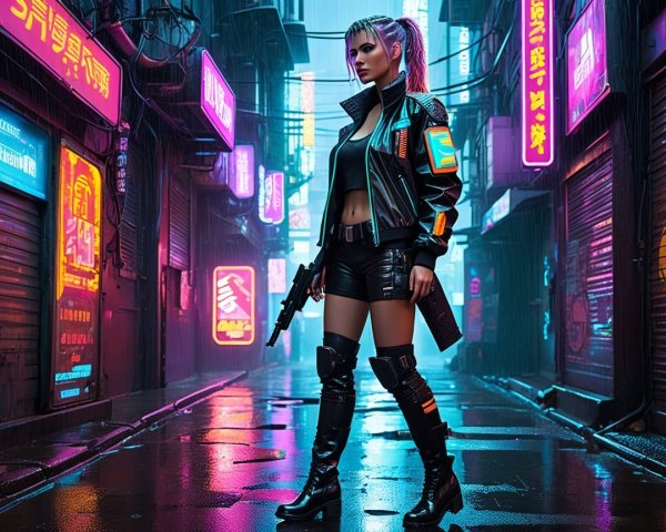 Confident Figure in Neon-Lit Cyberpunk Alleyway