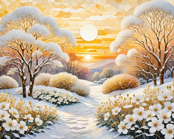 Winter Landscape with Snow-Covered Trees and Sunrise