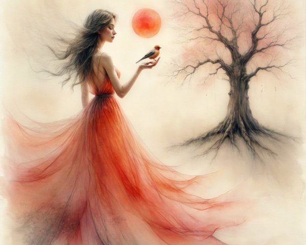 Ethereal Woman in Red Dress with Bird at Sunset