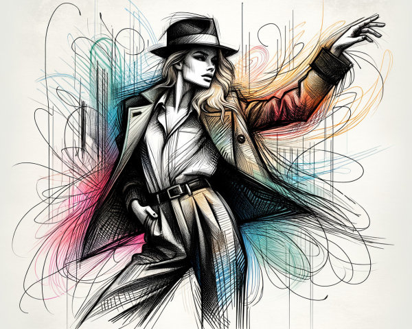 Stylish Woman in Hat and Oversized Coat with Abstract Colors