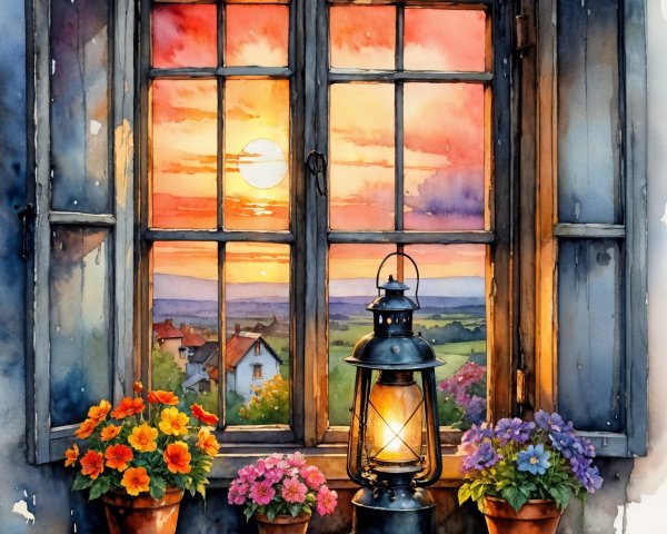 Vibrant Sunset View with Flowers and Lantern Details