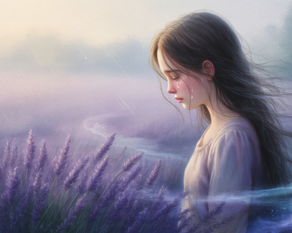 Young girl in blooming lavender fields on a rainy day