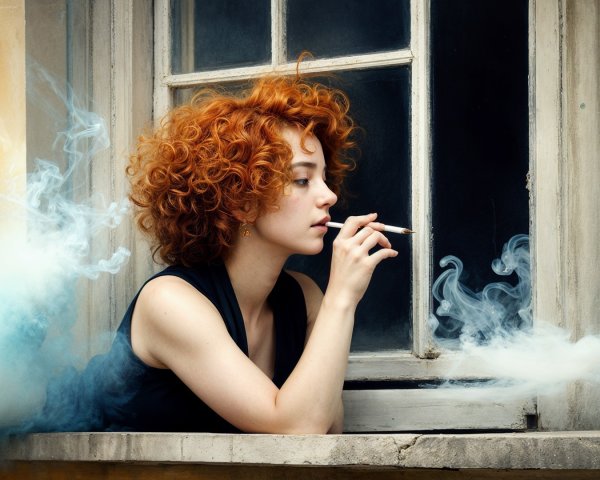 Young woman with red hair smoking by a window