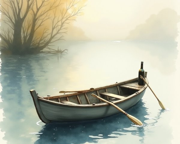 Wooden Boat on Still Water in Misty Landscape