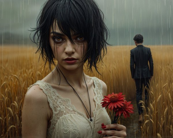 Moody Landscape with Woman and Red Flower