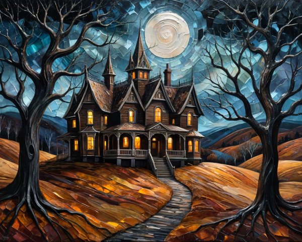 Haunting Mansion Under Full Moon with Autumn Landscape