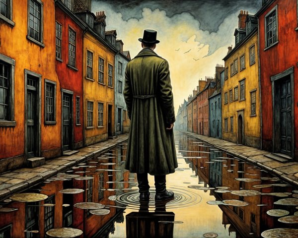 Solitary Figure by Reflective Canal with Colorful Buildings