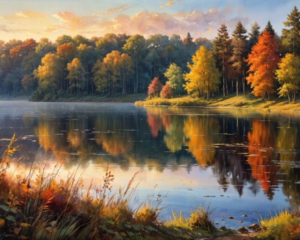 Autumn Lakeside Scene with Vibrant Foliage and Mist